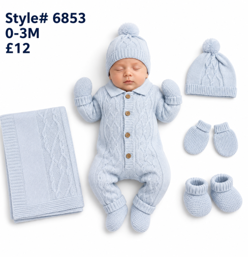 Baby Boys 5pc Knitted Romper Set with Blanket, Mittens, Hat & Socks (0-3m)