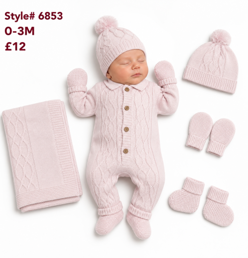 Baby Girls 5pc Knitted Romper Set with Blanket, Mittens, Hat & Socks (0-3m)