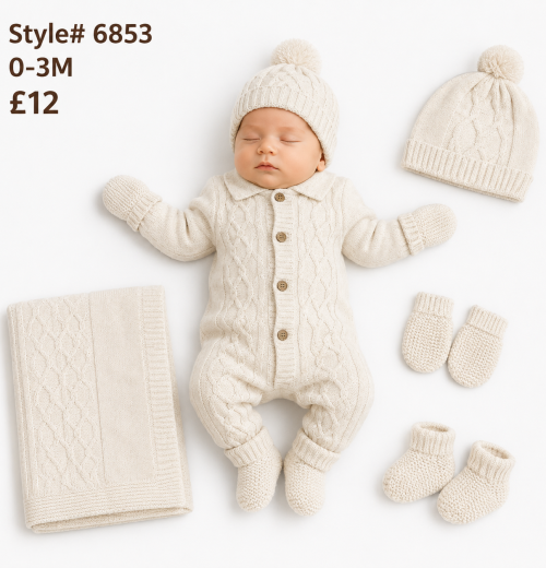 Baby 5pc Knitted Romper Set with Blanket, Mittens, Hat & Socks (0-3m)