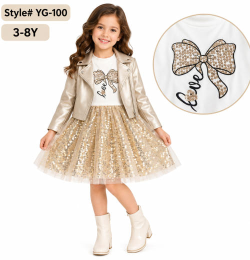 Girls 2pc Sequins Bow Dress & Pvc Jacket Set (3-8y)