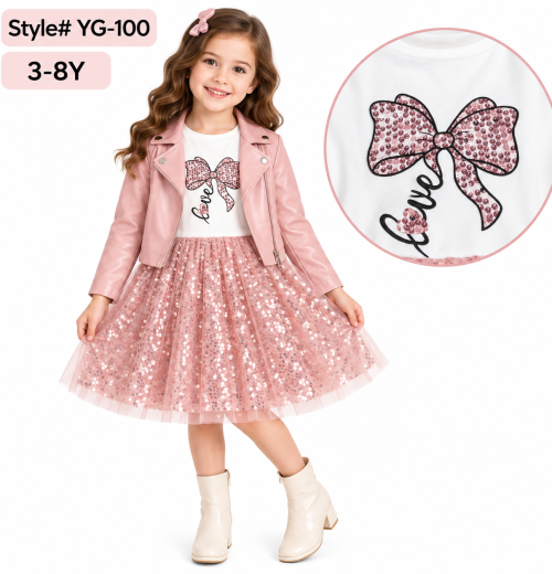 Girls 2pc Sequins Bow Dress & Pvc Jacket Set (3-8y)