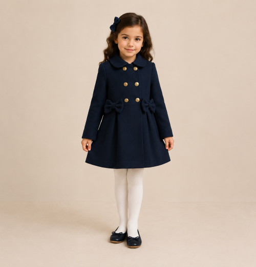 Girls Navy Double Bow Coat (2-12y)