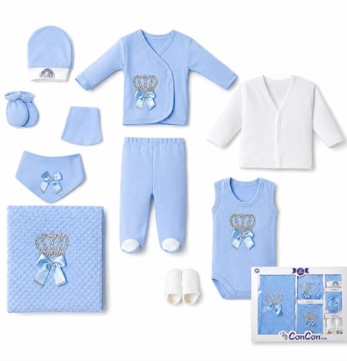 Baby Boys 10pc Crown Gift Set with Hat, Mittens & Blanket (0-3m)