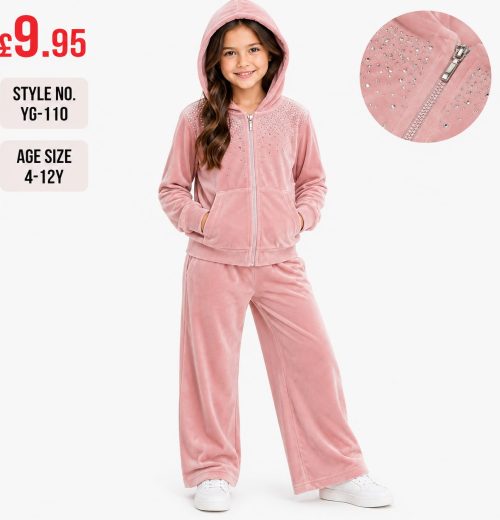Girls 2pc Velvet Sequins Zip Top & Bottoms Set (4-12y)