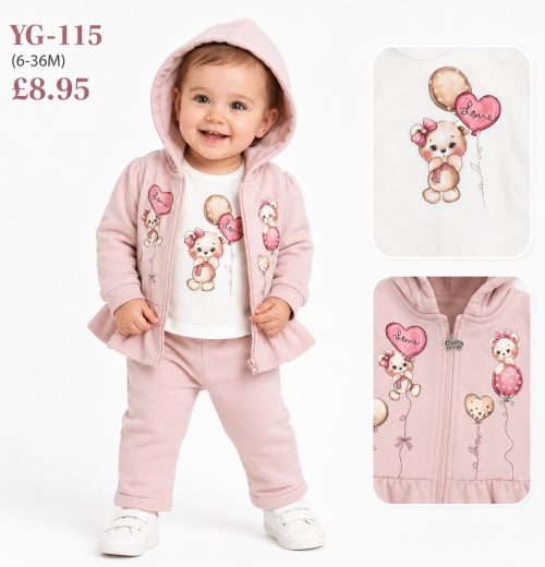 Baby Girls 3pc Teddy Heart Top & Bottoms Set (6-36m)