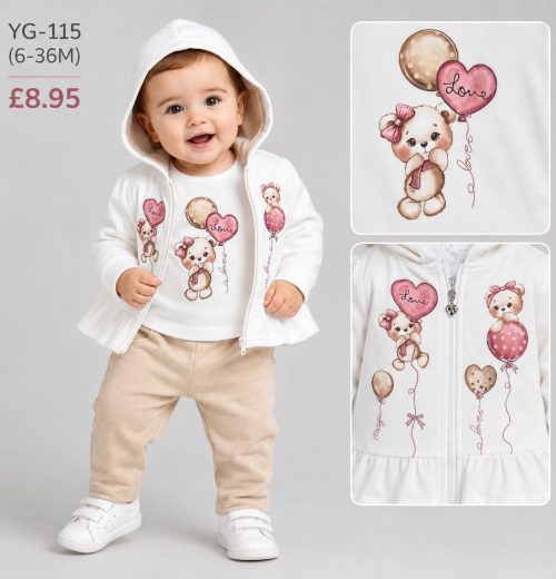 Baby Girls 3pc Teddy Heart Top & Bottoms Set (6-36m)