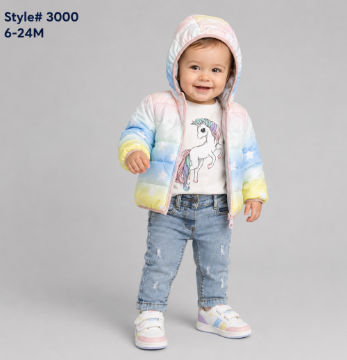 Baby Girls 3pc Quilted Jacket, Unicorn Top & Denim Jeans Set (6-24m)