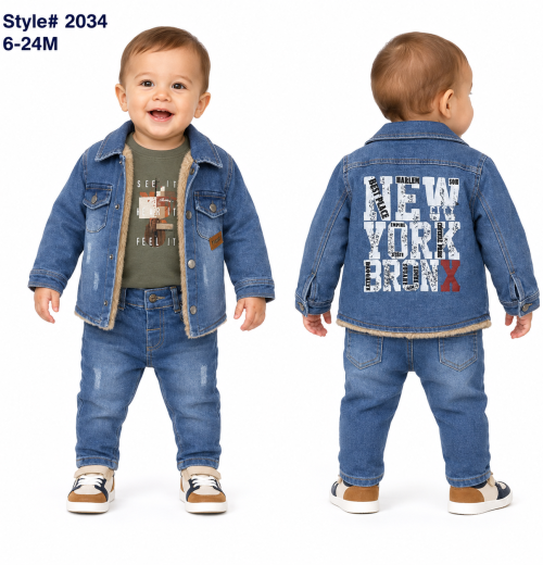 Baby Boys 3pc Fur Lined Denim Jacket, Printed Top & Jeans Set (6-24m)