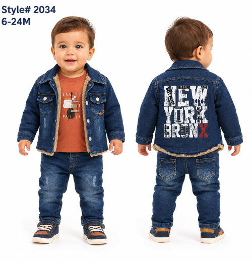 Baby Boys 3pc Fur Lined Denim Jacket, Printed Top & Jeans Set (6-24m)