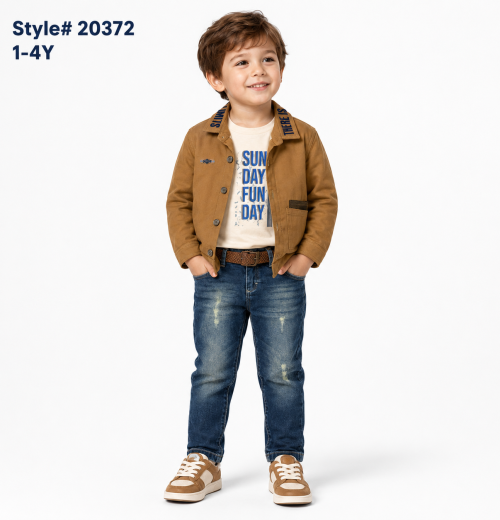 Boys 3pc Fur Lined Shirt, Printed Top & Denim Jeans Set (1-4y)