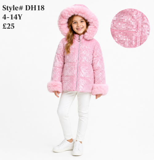 Girls Sequins Fur Trim Winter Coat (4-14y)