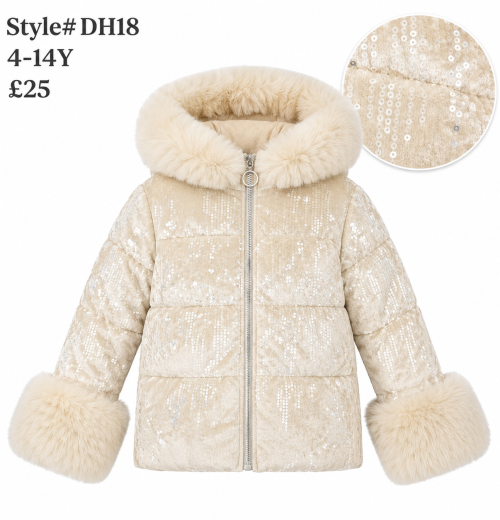 Girls Sequins Fur Trim Winter Coat (4-14y)