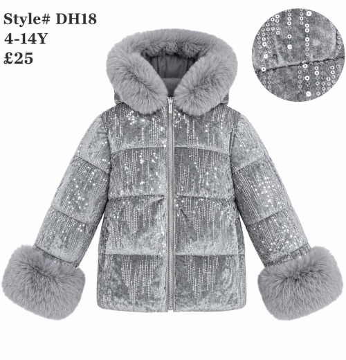 Girls Sequins Fur Trim Winter Coat (4-14y)