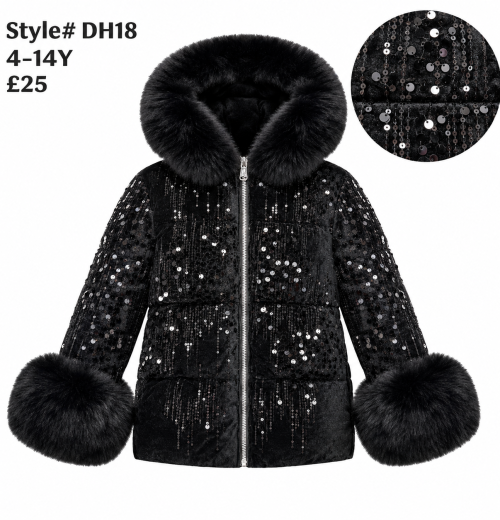 Girls Sequins Fur Trim Winter Coat (4-14y)