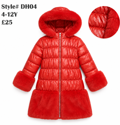 Girls Fur Trim Metallic Puffer Coat (4-12y)