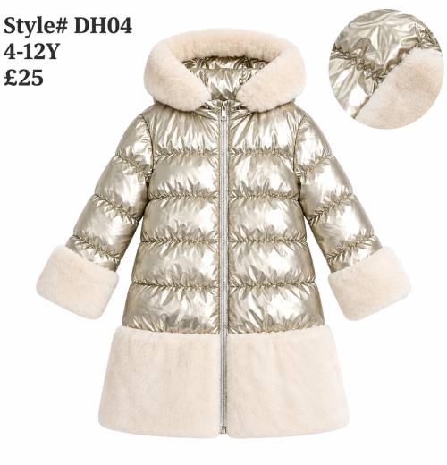 Girls Fur Trim Metallic Puffer Coat (4-12y)