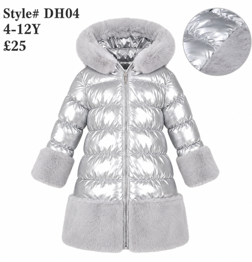 Girls Fur Trim Metallic Puffer Coat (4-12y)