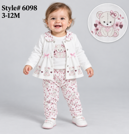 Baby Girls 3pc Floral Bow Top & Teddy Bottoms Set (3-12m)