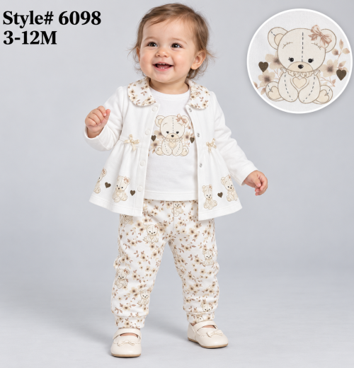 Baby Girls 3pc Floral Bow Top & Teddy Bottoms Set (3-12m)