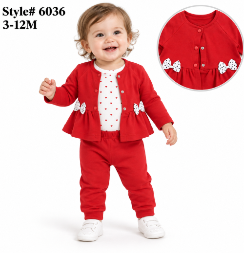 Baby Girls 3pc Polka Dot Bow Top & Bottoms Set (3-12m)