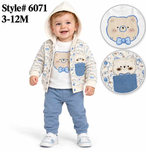 Baby Boys 3pc Teddy Hooded Top & Bottoms Set (3-12m)