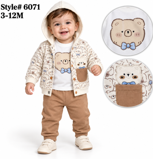 Baby Boys 3pc Teddy Hooded Top & Bottoms Set (3-12m)
