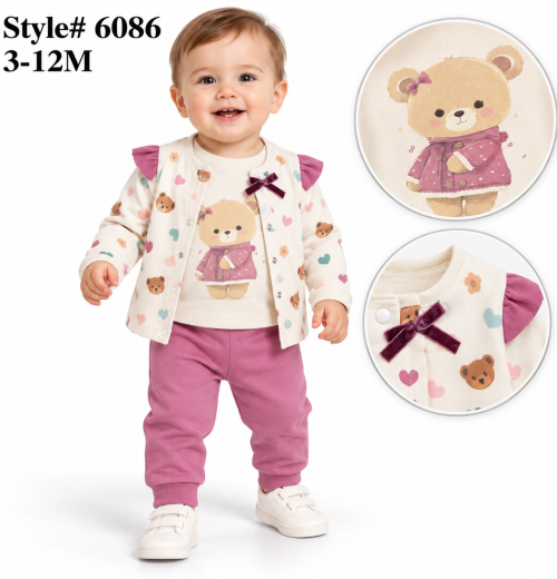 Baby Girls 3pc Teddy Ruffle Top & Bottoms Set (3-12m)