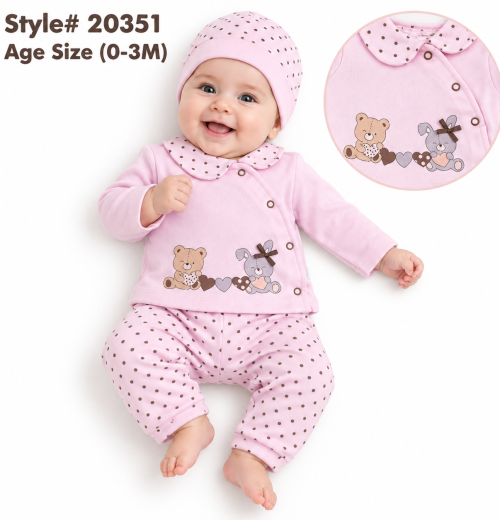 Baby Girls 3pc Teddy Top, Polka Dot Bottoms & Hat Set (0-3m)