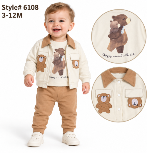 Baby Boys 3pc Teddy Pocket Top & Bottoms Set (3-12m)