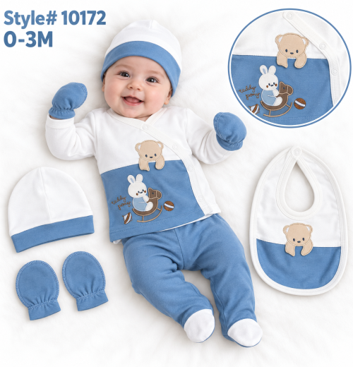Baby Boys 5pc Teddy Set with Hat, Mittens & Bib (0-3m)