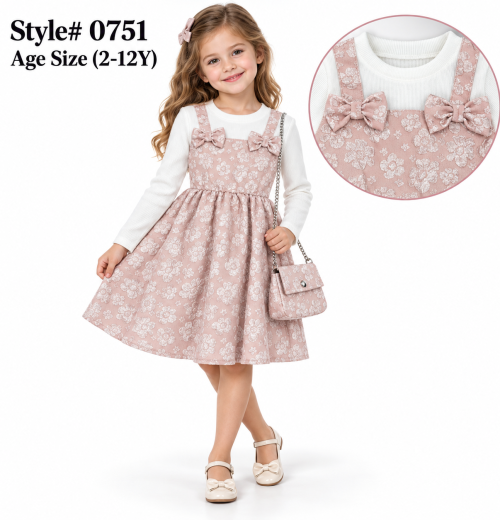 Girls Floral Double Bow Dress with Purse (2-12y)
