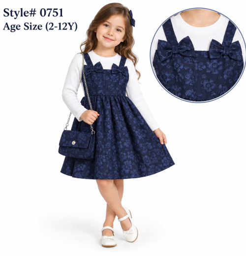 Girls Floral Double Bow Dress with Purse (2-12y)