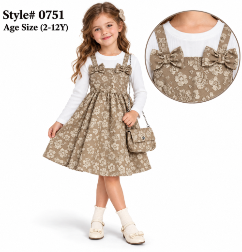 Girls Floral Double Bow Dress with Purse (2-12y)