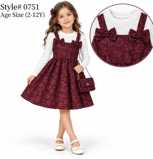 Girls Floral Double Bow Dress with Purse (2-12y)