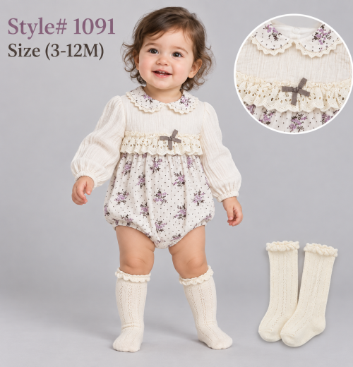 Baby Girls 2pc Spanish Floral Lace Romper & Socks Set (3-12m)