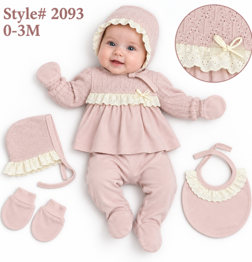 Baby Girls 5pc Spanish Floral Set with Bonnet, Mittens & Bib (0-3m)