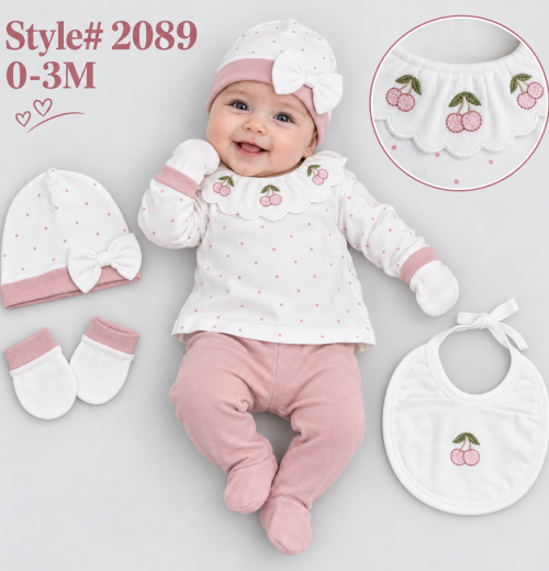Baby Girls 5pc Polka Dot Cherry Set with Hat, Mittens & Bib (0-3m)