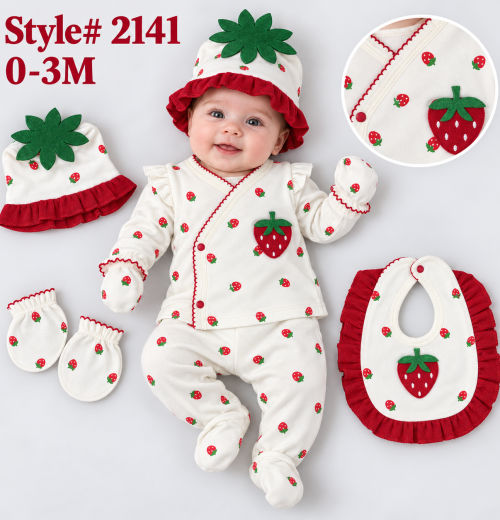 Baby Girls 5pc Strawberry Frill Set with Hat, Mittens & Bib (0-3m)