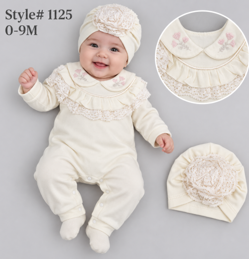 Baby Girls 2pc Spanish Floral Lace Romper & Hat Set (0-9m)