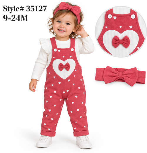 Baby Girls 3pc Heart Dungaree, Ruffle Top & Headband Set (9-24m)