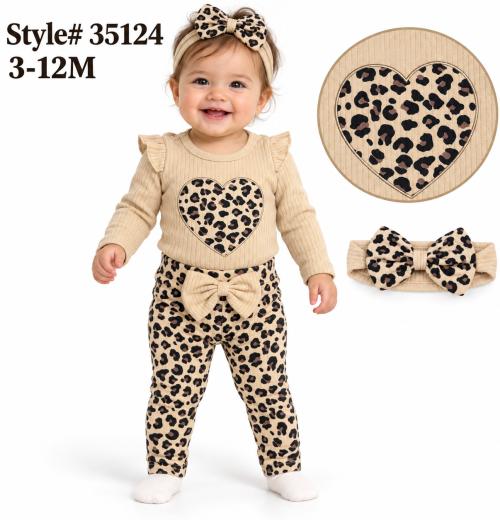 Baby Girls 3pc Leopard Heart Vest Top, Leggings & Headband Set (3-12m)