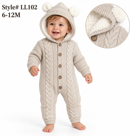 Baby Fully Lined Knitted Hooded Romper (6-12m)
