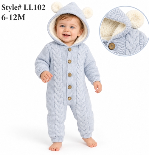 Baby Boys Fully Lined Knitted Hooded Romper (6-12m)