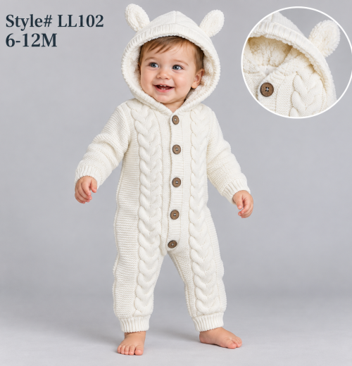 Baby Fully Lined Knitted Hooded Romper (6-12m)