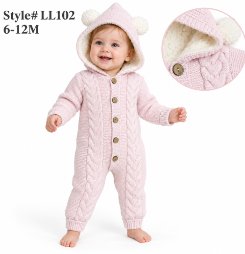 Baby Girls Fully Lined Knitted Hooded Romper (6-12m)