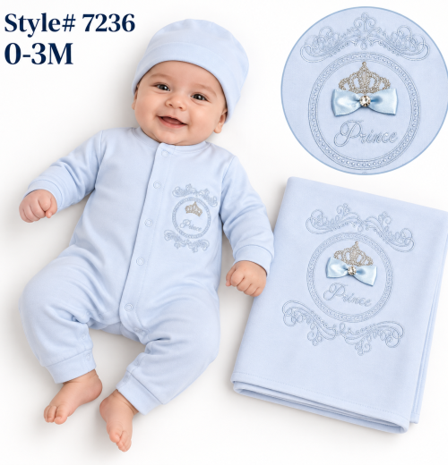Baby Boys 3pc Prince Diamante Romper, Hat & Blanket Set (0-3m)