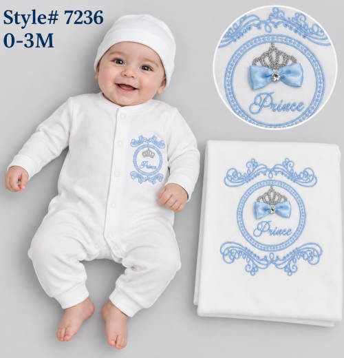 Baby Boys 3pc Prince Diamante Romper, Hat & Blanket Set (0-3m)