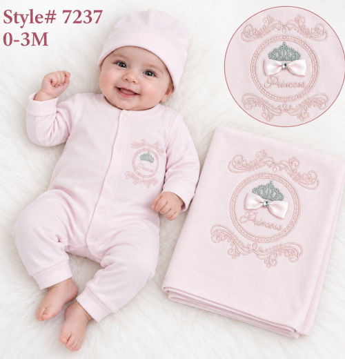 Baby Girls 3pc Princess Diamante Romper, Hat & Blanket Set (0-3m)