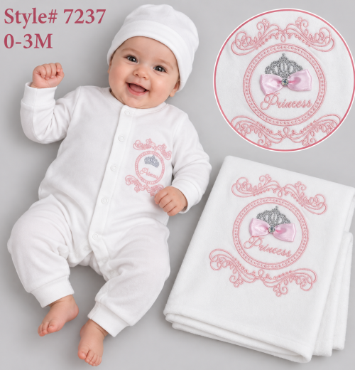 Baby Girls 3pc Princess Diamante Romper, Hat & Blanket Set (0-3m)