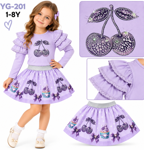 Girls 2pc Cherry Layered Sleeve Top & Skirt Set (1-8y)